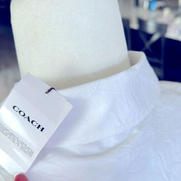 NWT Coach Wrinkled Button Down Dress White Short Sleeve Cotton Tie Pockets Mini - Picture 9 of 13